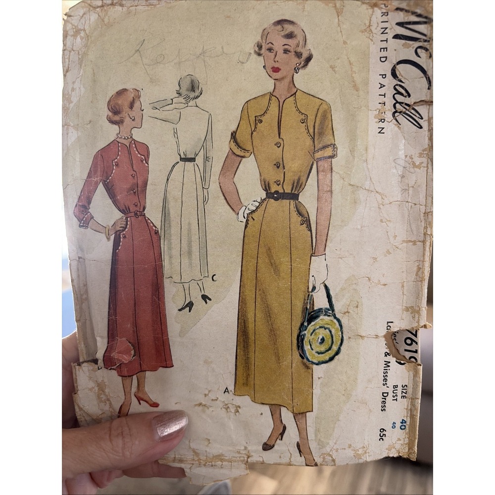 Vintage 1950’s McCalls Dress Sewing Pattern 7619 Size 40 Bust Cut Complete Rare
